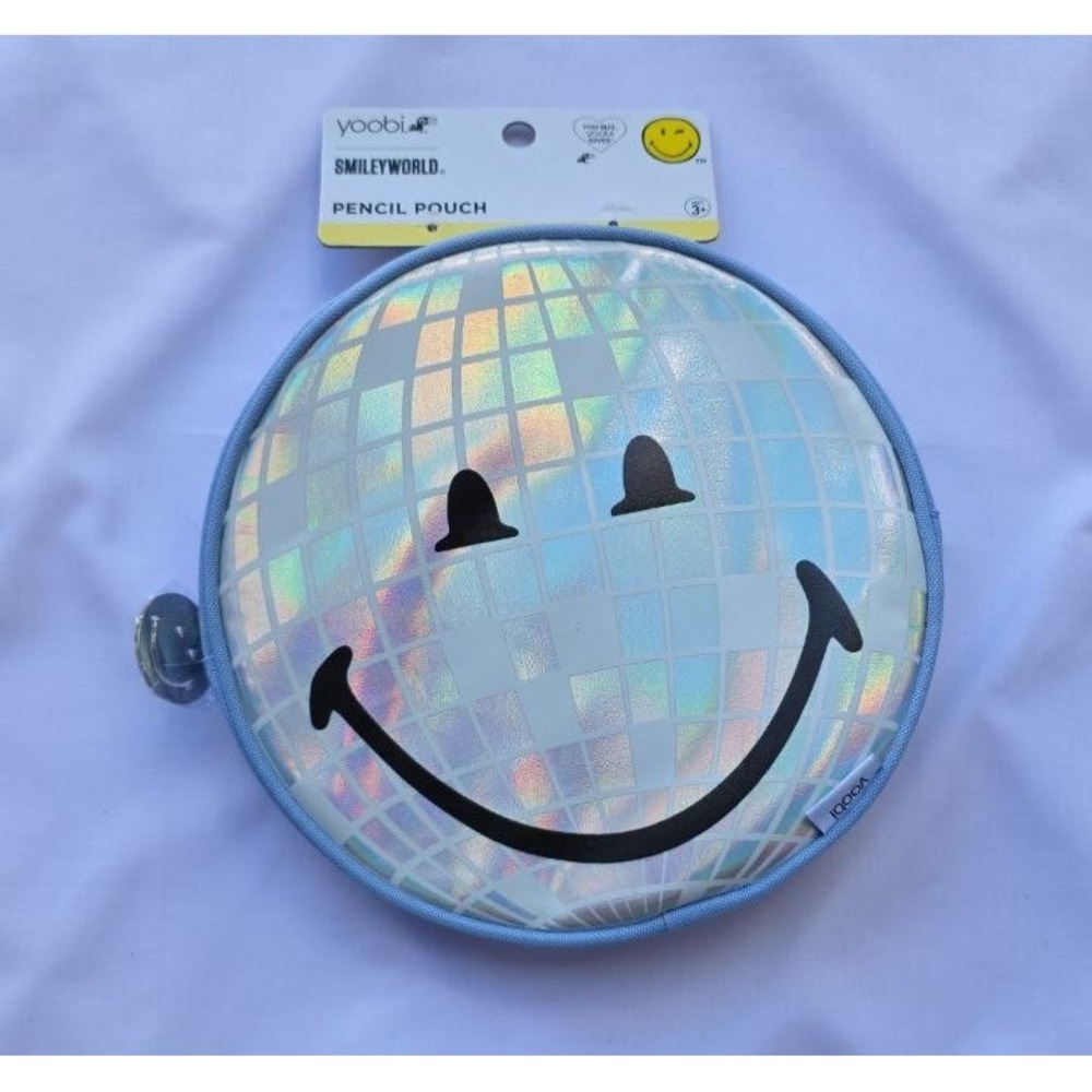 Yoobi SmileyWorld Pencil Pouch Round Holographic Disco Ball Face Zipper Blue